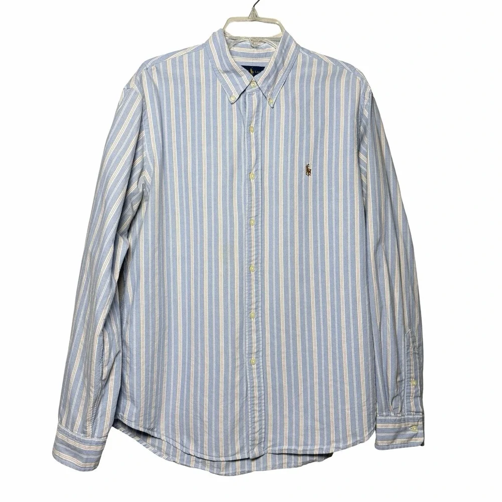 Polo Ralph Lauren Mens XL Slim Fit Oxford Shirt Blue Stripe Flesh Pony Preppy